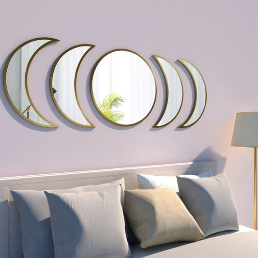 Cycle of Moon Designer Mirrors Set of Five in Golden Finish Frame