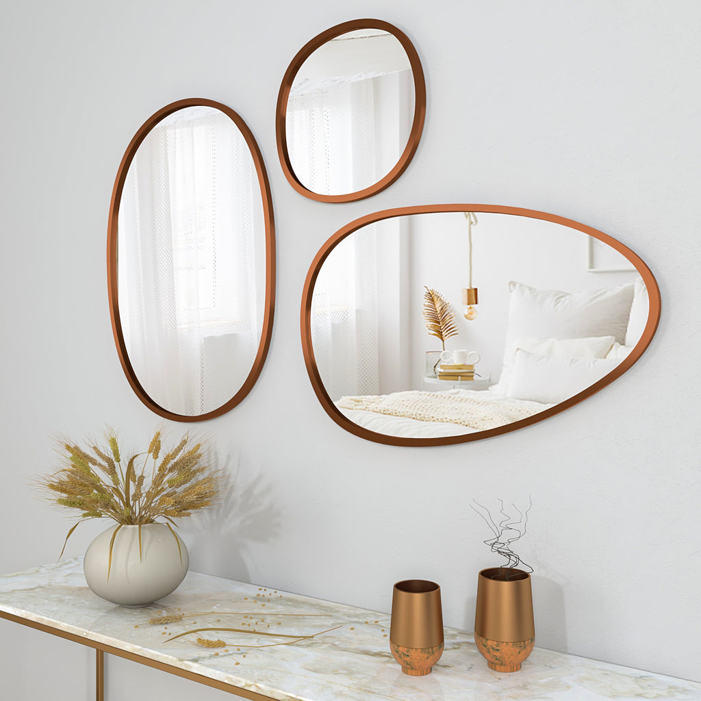 Modern Pebble Shaped Wall Mirrors Set of 3 with Copper Finish