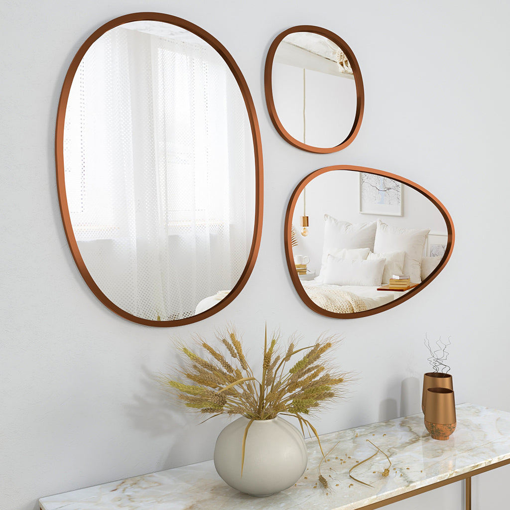 Modern Pebble Shaped Wall Mirrors Set of 3 with Copper Finish