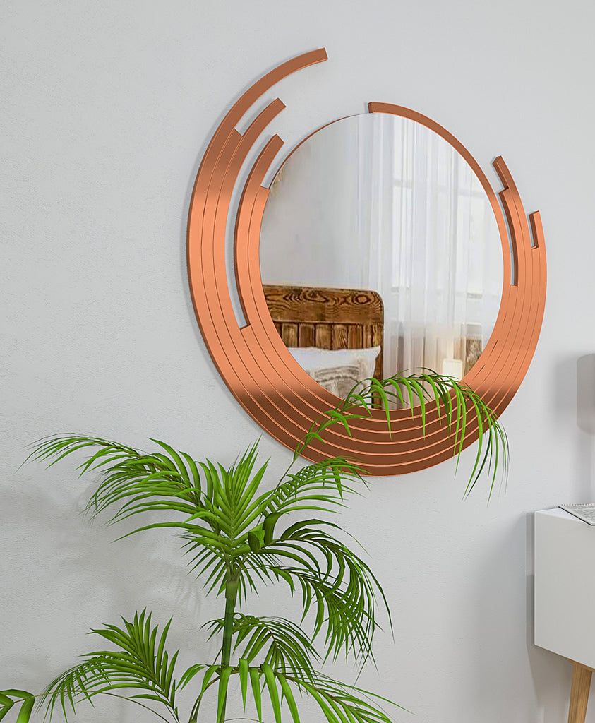 Premium Quality Asymmetric Designer Copper Finish Round Wall Mirror