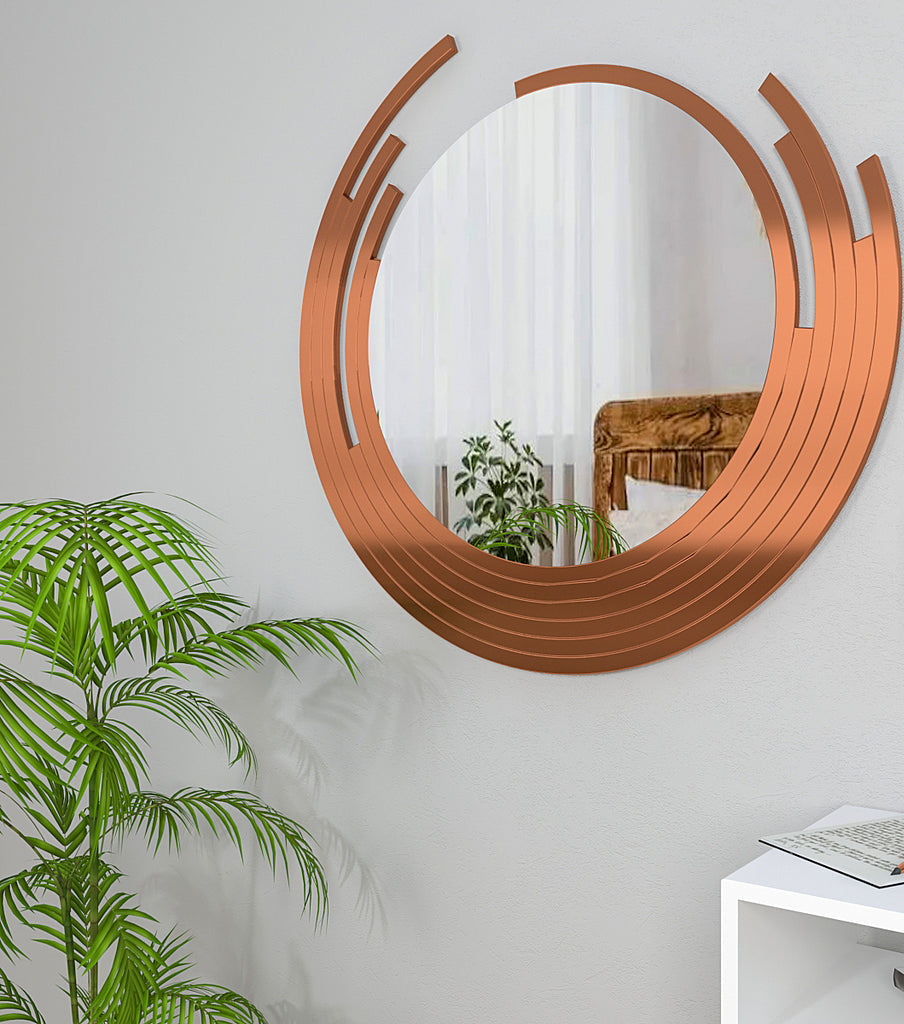 Premium Quality Asymmetric Designer Copper Finish Round Wall Mirror