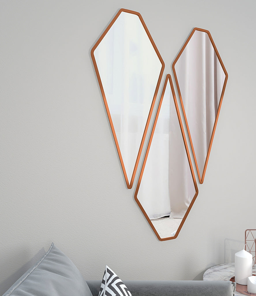 Tringle Shape Diamond Cut Copper Finish Vanity Mirrors Set Of 3